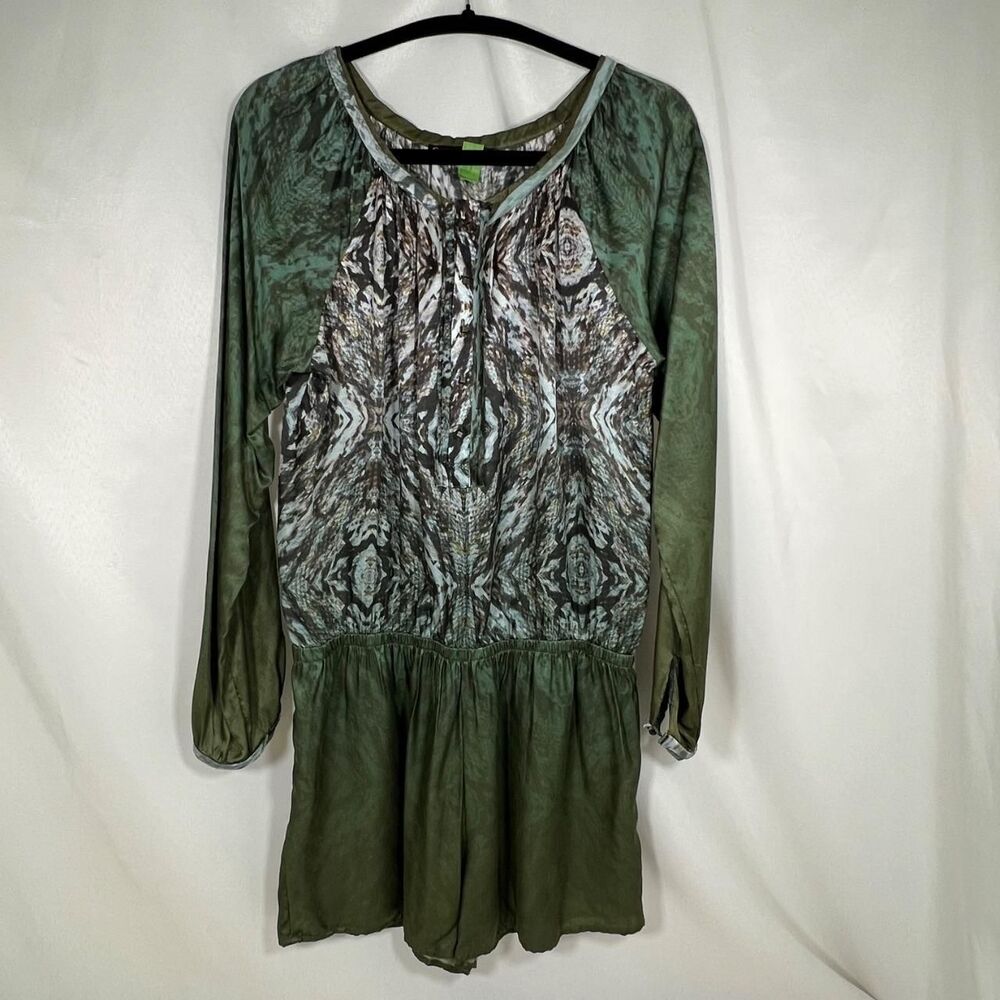 Gypsy 05 Silk Blend Boho Chic Y2K Olive Green Earthy Long Sleeve Romper Sz M